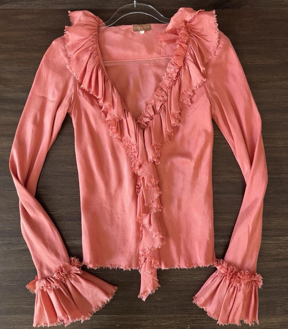 Roberta Freymann 100% Silk Jabot Blouse Womens XS Coral Ruffle Bell Cuff Vintage
